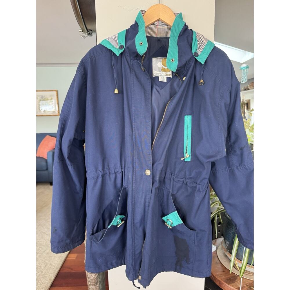 Vtg 90's Current Seen Womens windbreaker Med Navy contrast plaid hood Bold retro